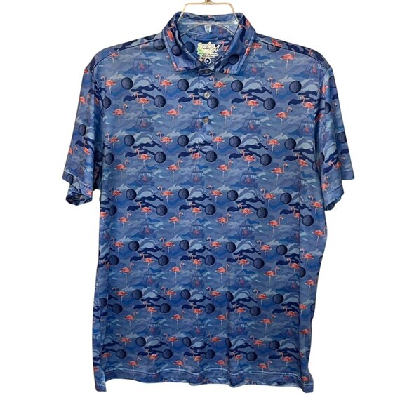TailorByrd‎ Blue Golf Ball Pink Flamingo Polo Shirt Large Performance SPF 30 - Picture 1 of 8